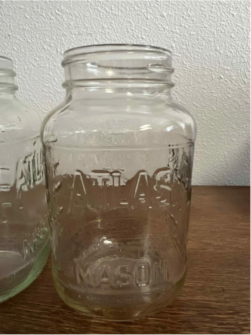 Pair of Vintage Atlas Mason Jars Green Tint & Smoky Clear Glass Farmhouse Decor